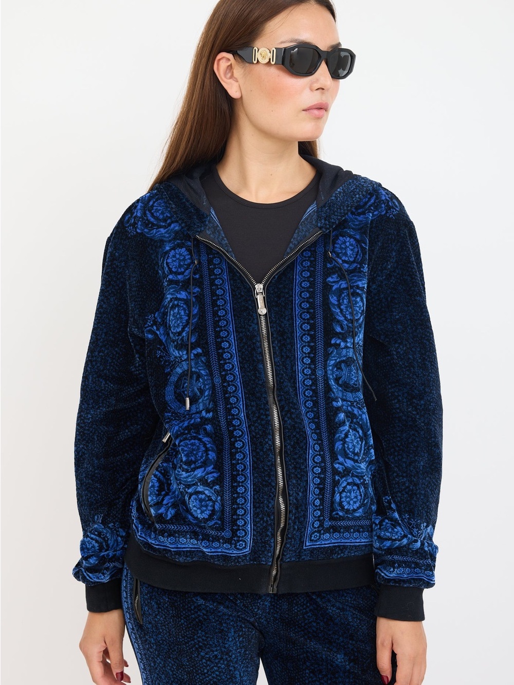Versace Deep Blue Velvet Floral Zip Hoodie Jacket 4xl